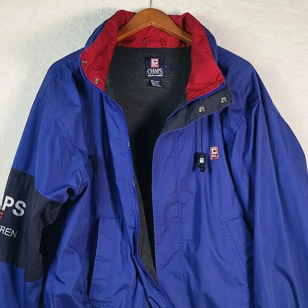 Chaps Ralph Lauren Lined Jacket Fold Away Hood Classic Blue 90's Large